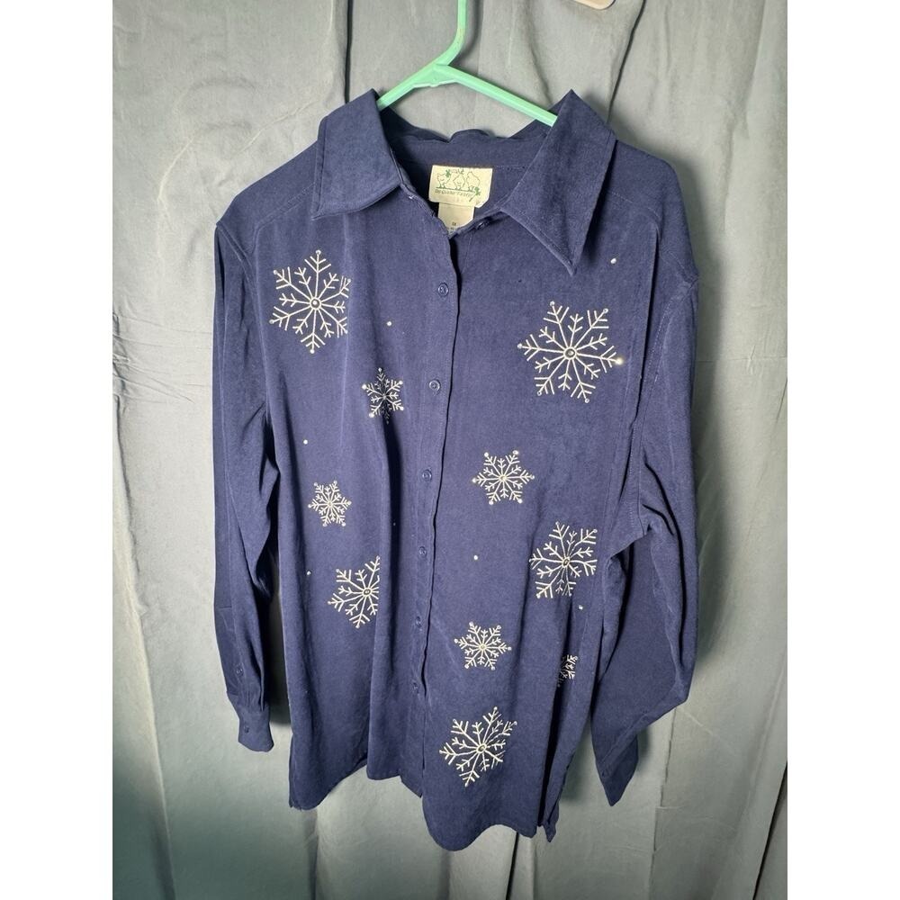 Quacker Factory Navy Blue Snowflake Shirt Women's L‎ – Holiday Button Front Top